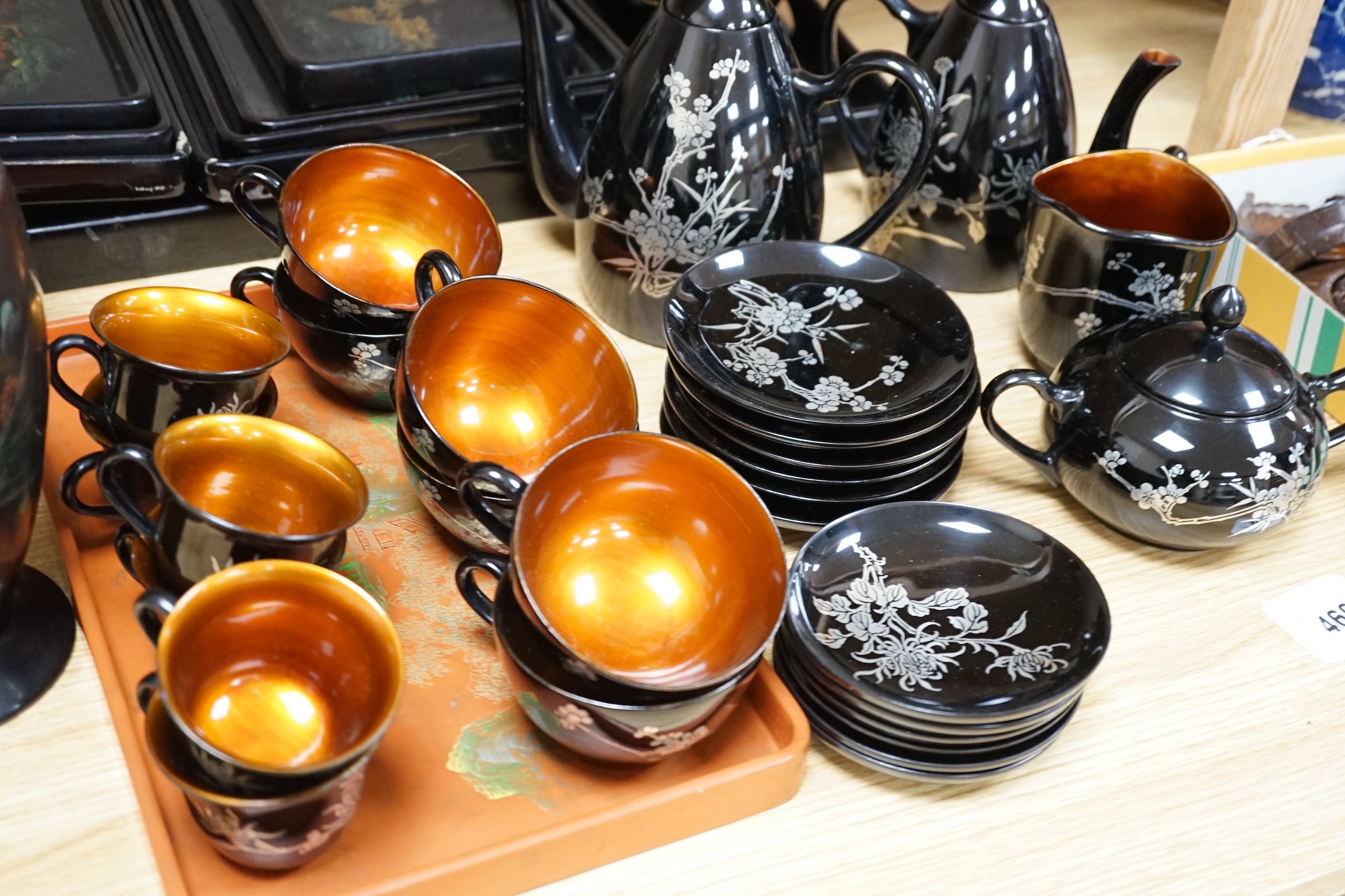 Chinese Fuzhou lacquer tea / coffee wares, including trays